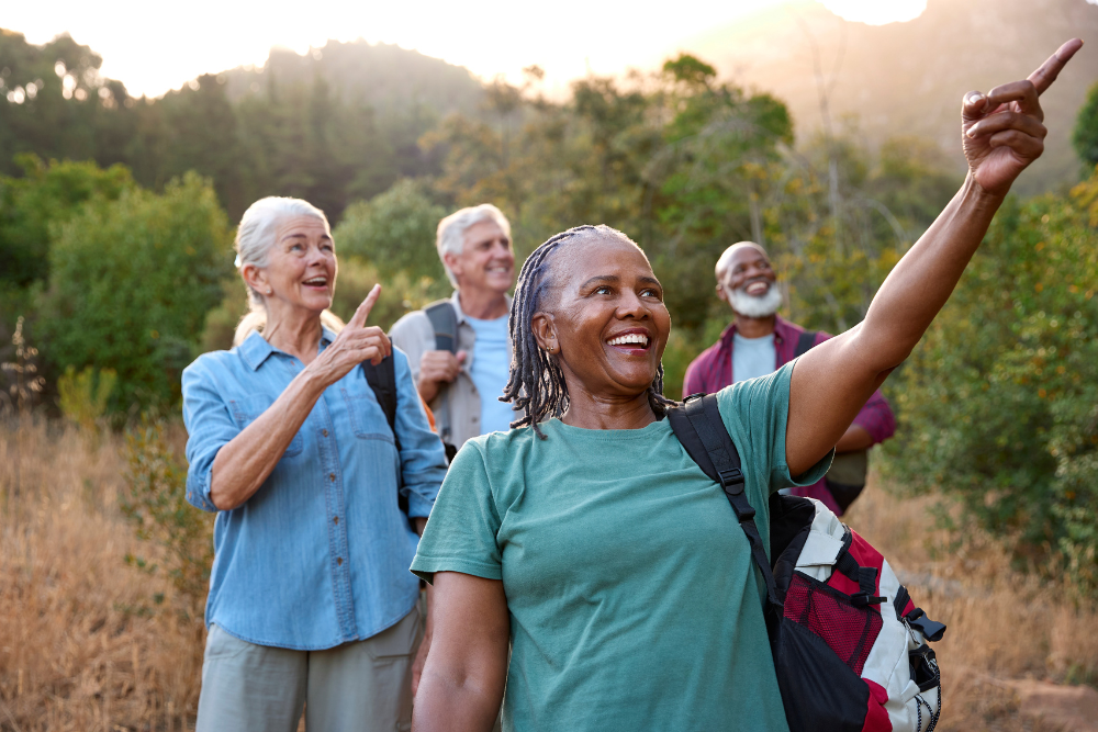 Group of four senior friends hiking in a scenic forest, smiling and pointing at interesting sights, with lush greenery and golden sunlight in the background.