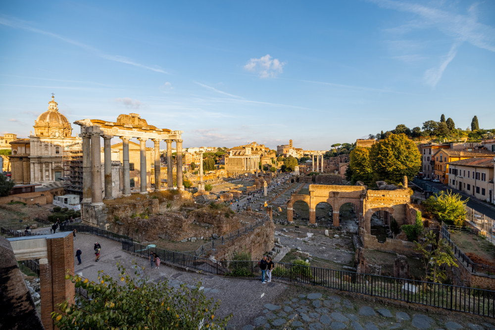 Ruins at the Roman Forum in Rome at sunset