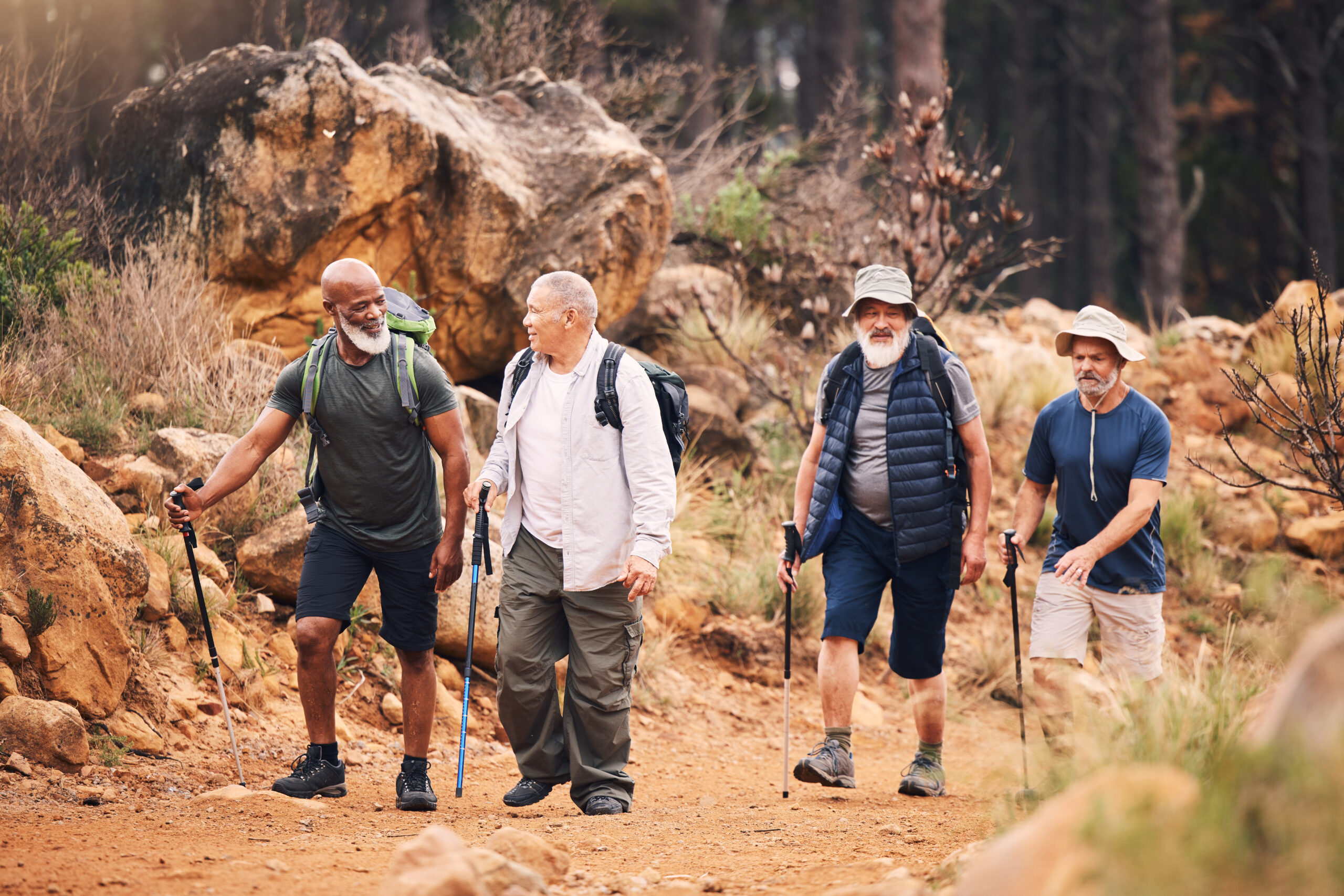 Four elderly men hiking on a rocky trail in the woods, enjoying an active outdoor adventure together.